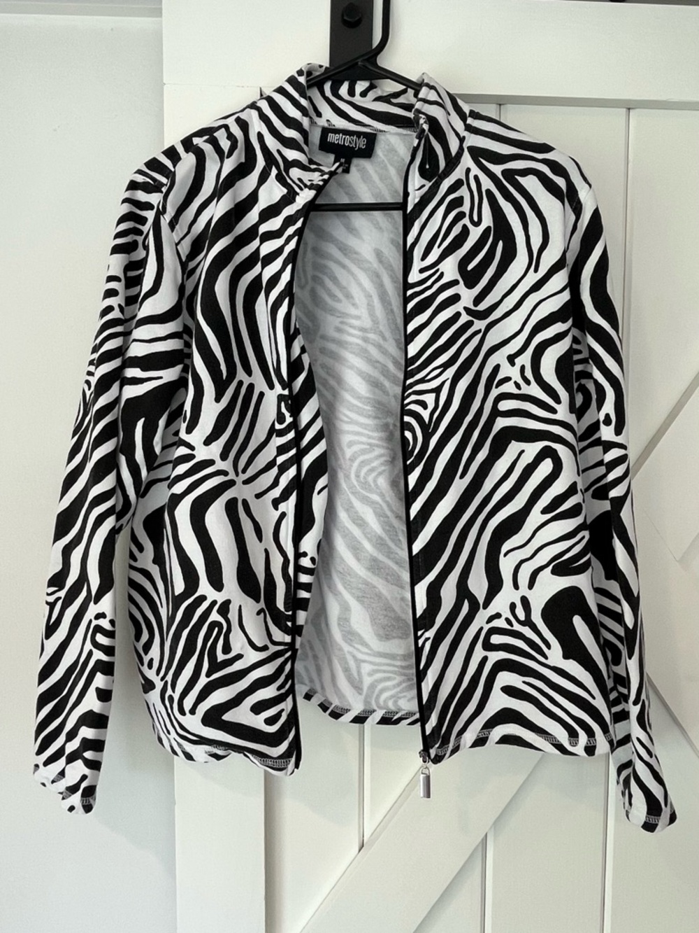 metrostyle Black & White Zebra-Pattern Bomber Jacket